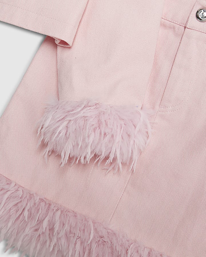 Girls Pink Feather Trim Skirt Set