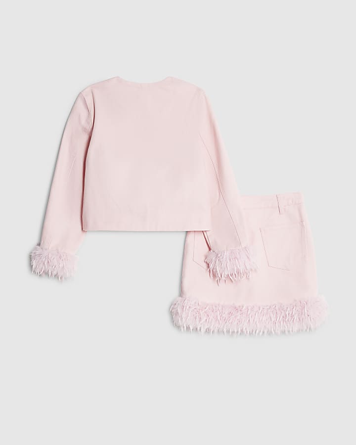 Girls Pink Feather Trim Skirt Set