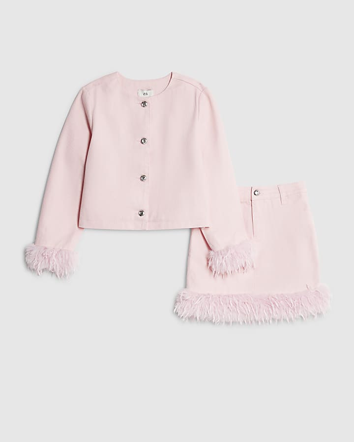 Girls Pink Feather Trim Skirt Set
