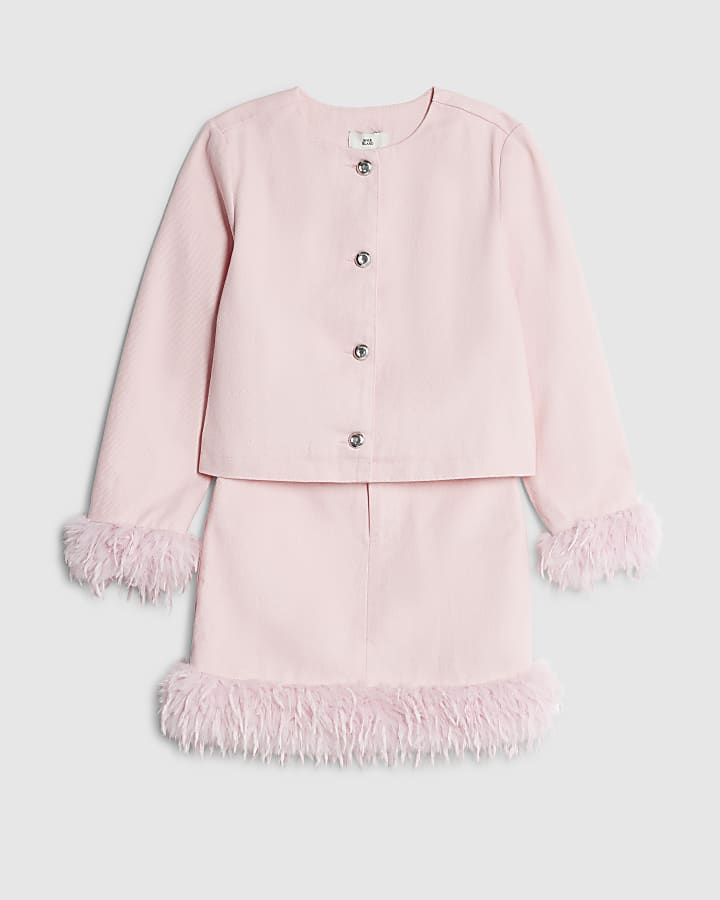 Girls Pink Feather Trim Skirt Set