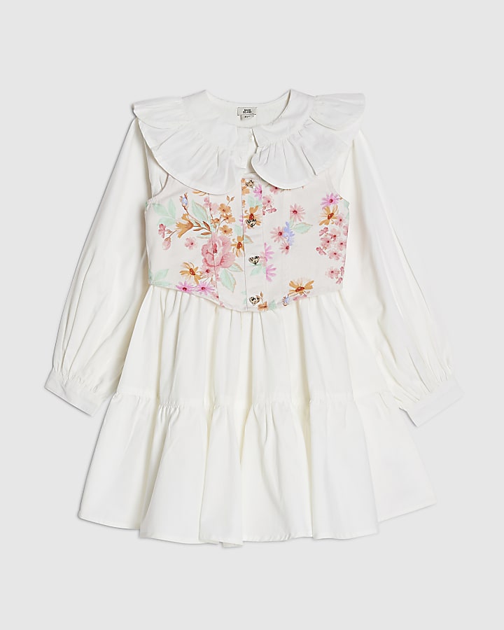 Girls White 2 In 1 Floral Dress