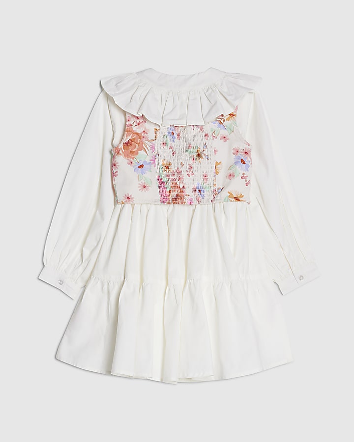 Girls White 2 In 1 Floral Dress