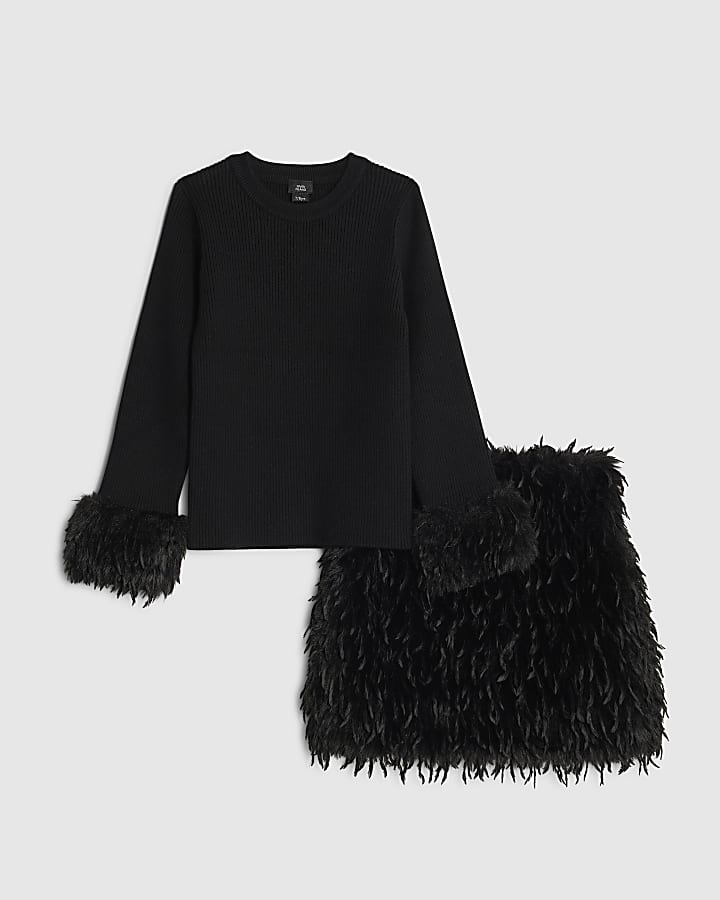 Girls Black Feather Skirt Set