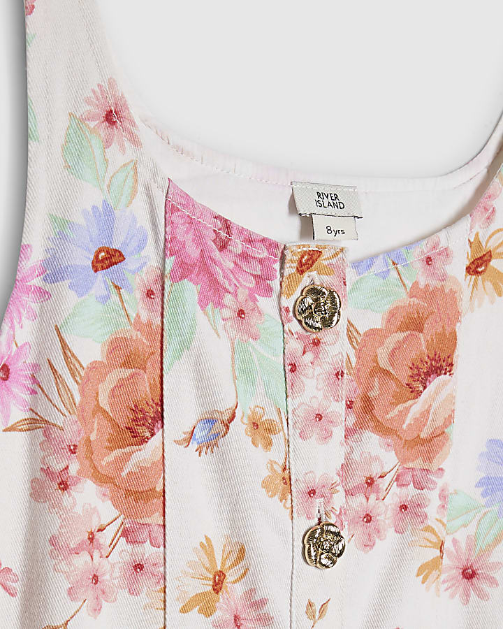 Girls White Floral Print Denim Prom Dress