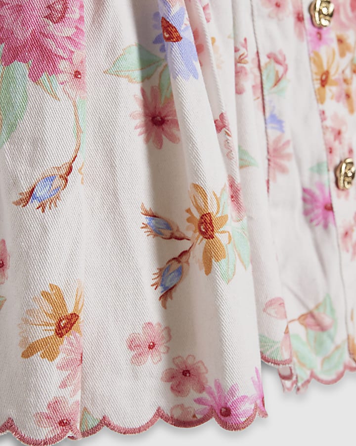 Girls White Floral Print Denim Prom Dress