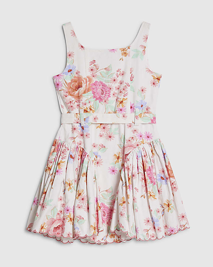 Girls White Floral Print Denim Prom Dress