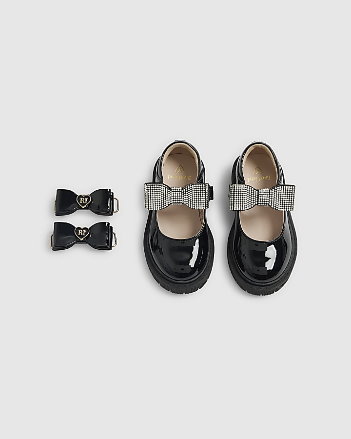 Mini Girls Black Bow Straps Mary Jane Shoes