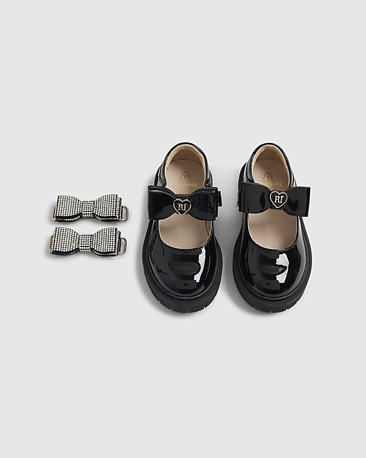 Mini Girls Black Bow Straps Mary Jane Shoes