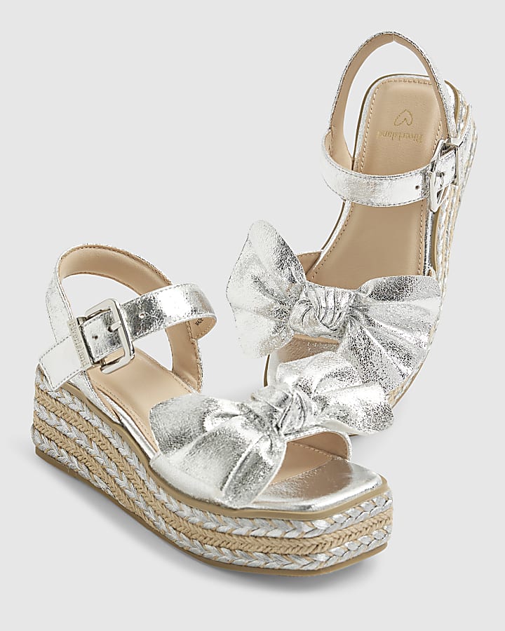 Girls Silver Metallic Bow Wedge Sandals