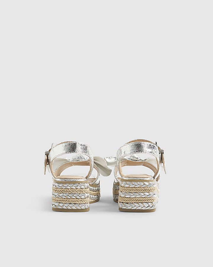 Girls Silver Metallic Bow Wedge Sandals