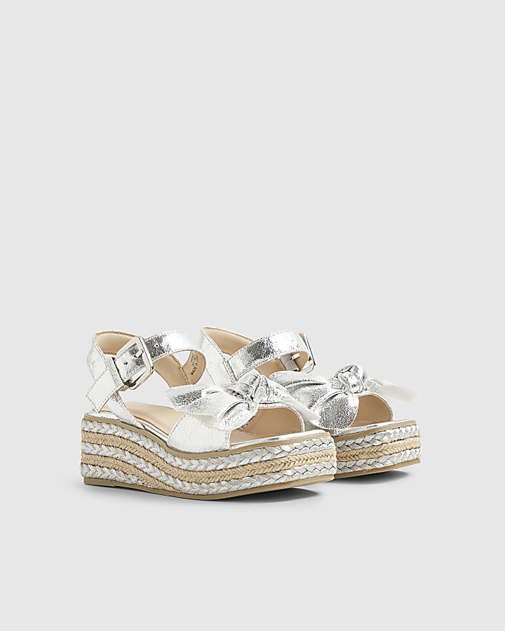 Girls Silver Metallic Bow Wedge Sandals
