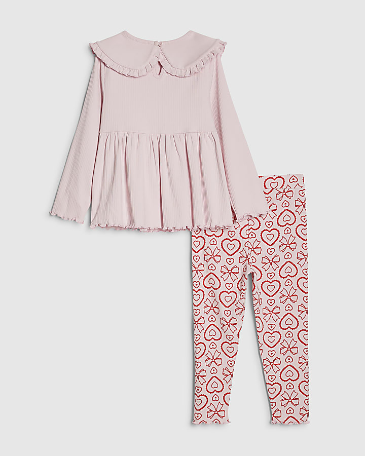 Mini Girls Pink Rib Collar Peplum Top Set