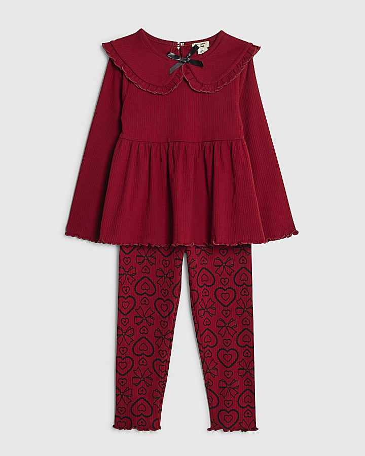 Mini Girls Red Ribbed Collar Top Set