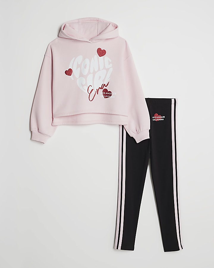 Girls Pink Iconic Hoodie And Leggings Set