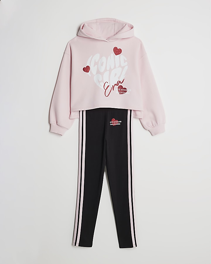 Girls Pink Iconic Hoodie And Leggings Set