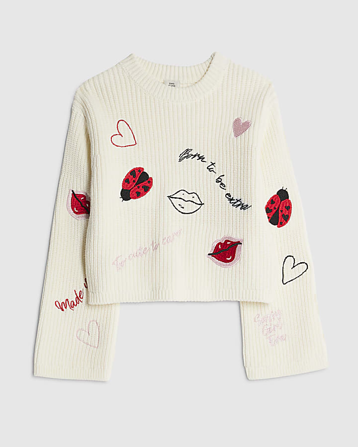 Girls Cream Ladybird Lips Jumper