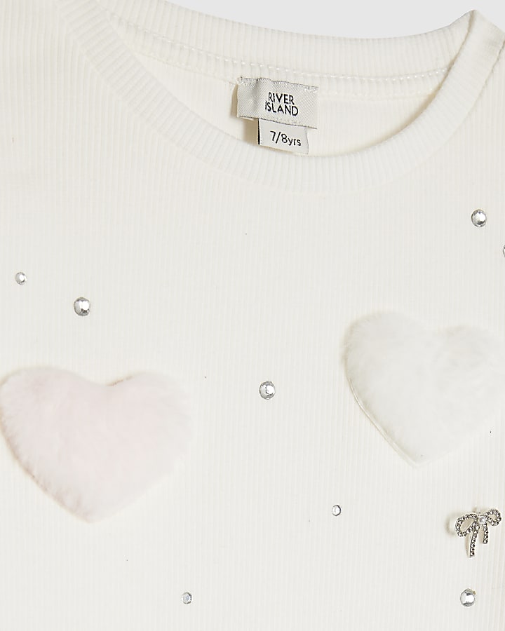 Girls White Ribbed Fur Heart Baby T-shirt