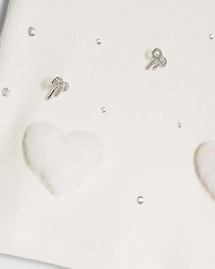 Girls White Ribbed Fur Heart Baby T-shirt