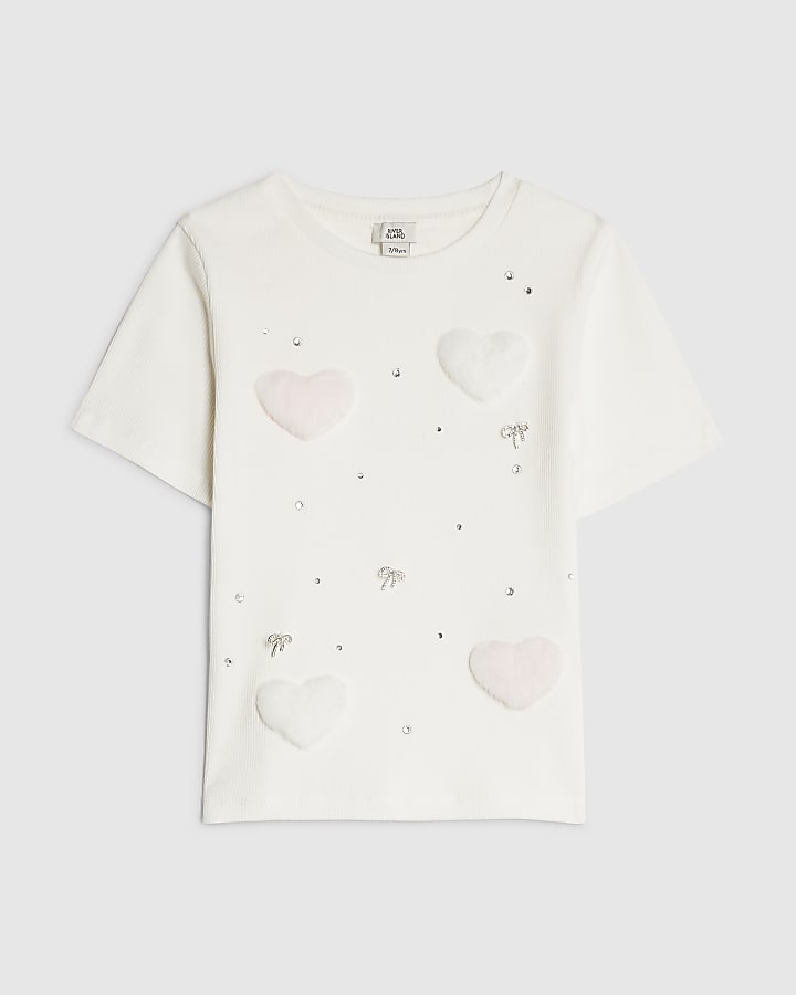 Girls White Ribbed Fur Heart Baby T-shirt