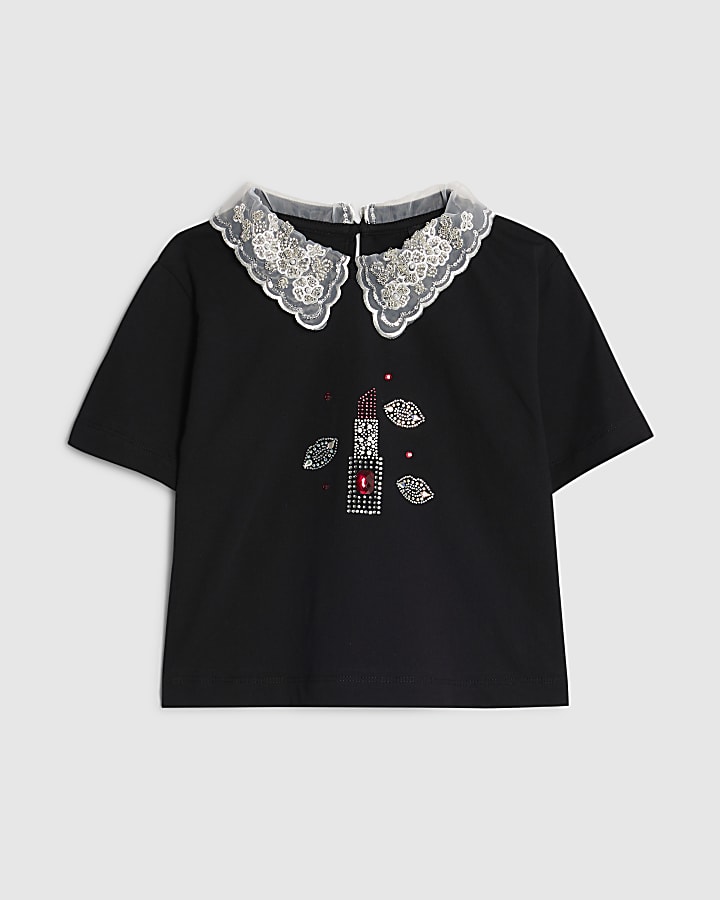 Girls Black Lace Collar Beauty T-shirt