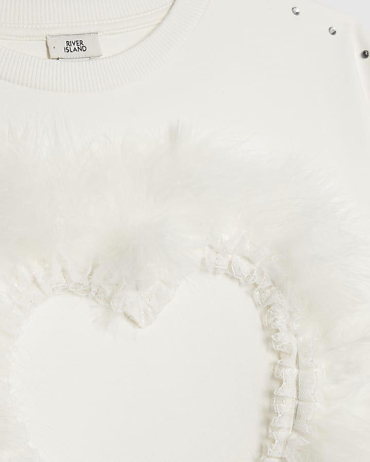 Girls White Feather Heart T-Shirt
