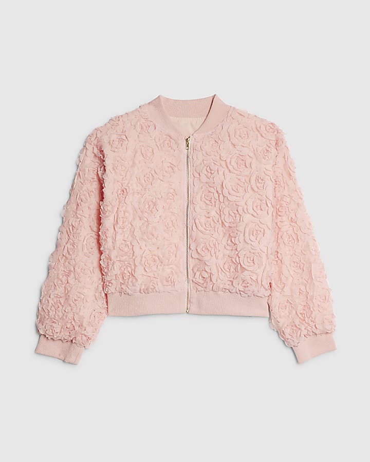 Girls Pink 3D Floral Bomber Jacket