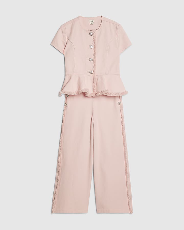 Girls Pink Denim Peplum Top Set