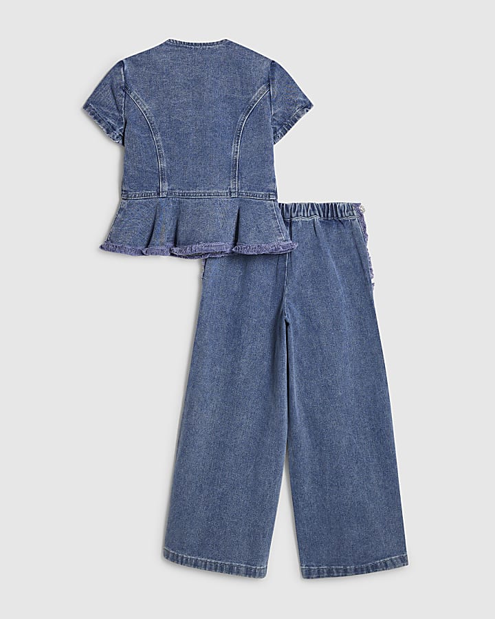 Girls Blue Denim Peplum Top Set