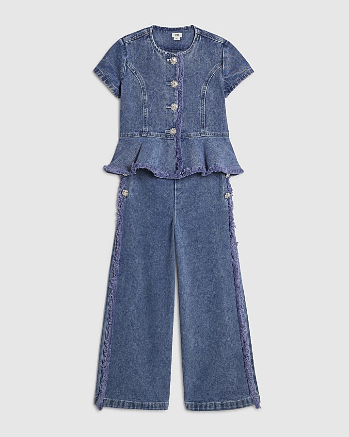 Girls Blue Denim Peplum Top Set