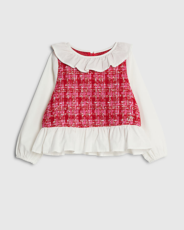 Mini Girls Pink Boucle Peplum Top