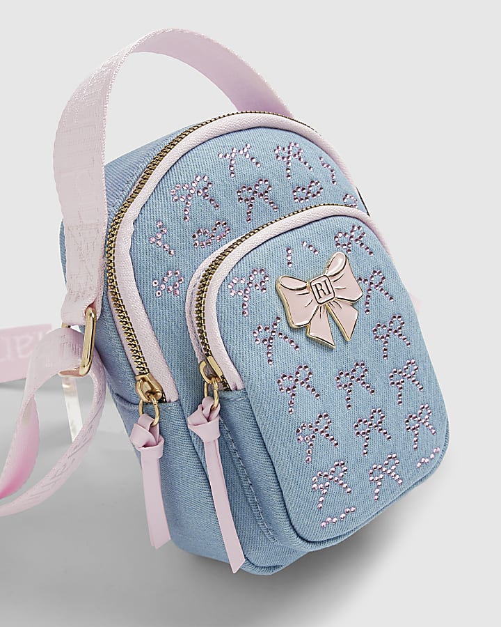 Girls Blue Denim Diamante Bow Cross Body Bag