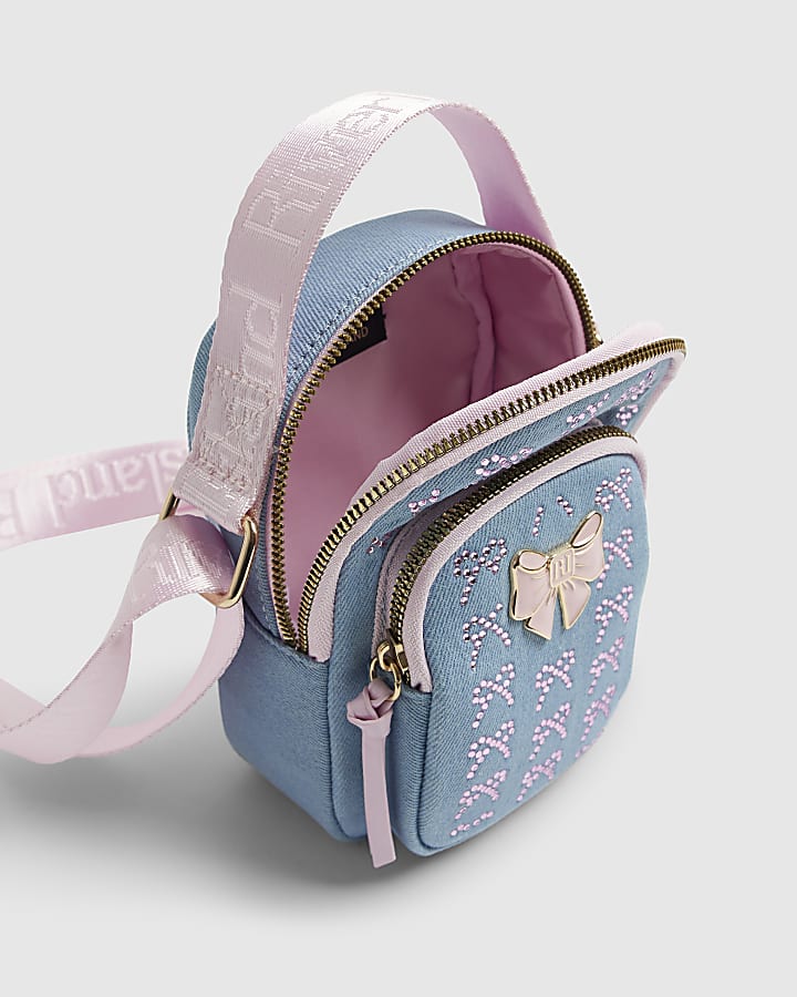 Girls Blue Denim Diamante Bow Cross Body Bag