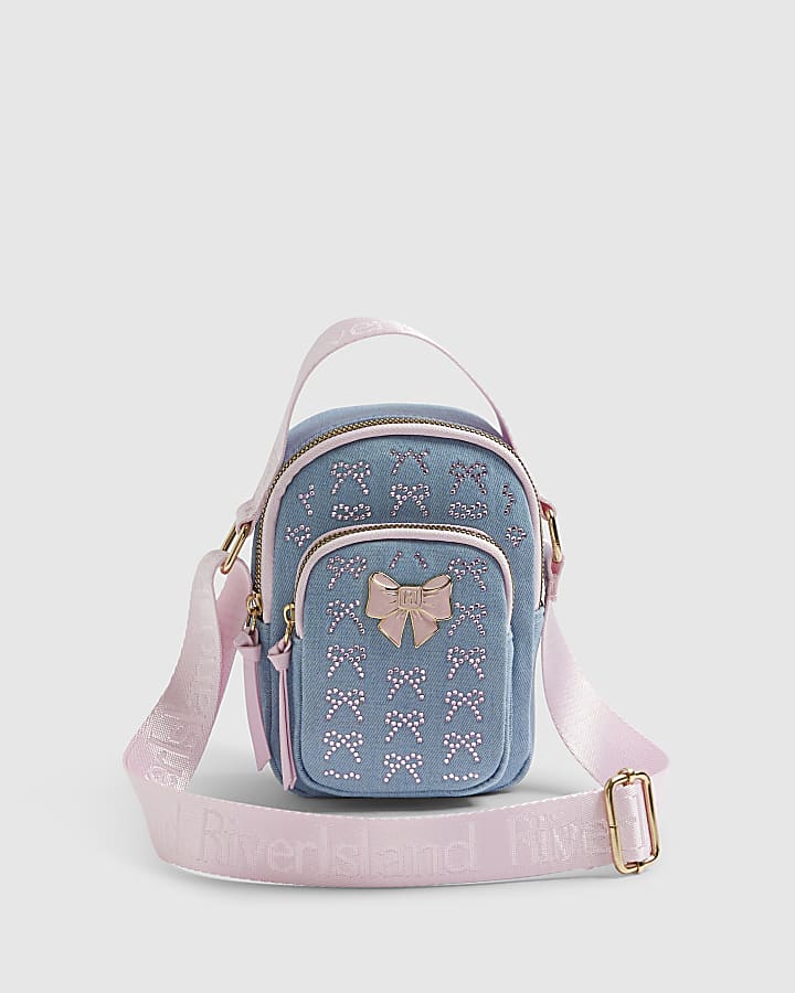 Girls Blue Denim Diamante Bow Cross Body Bag
