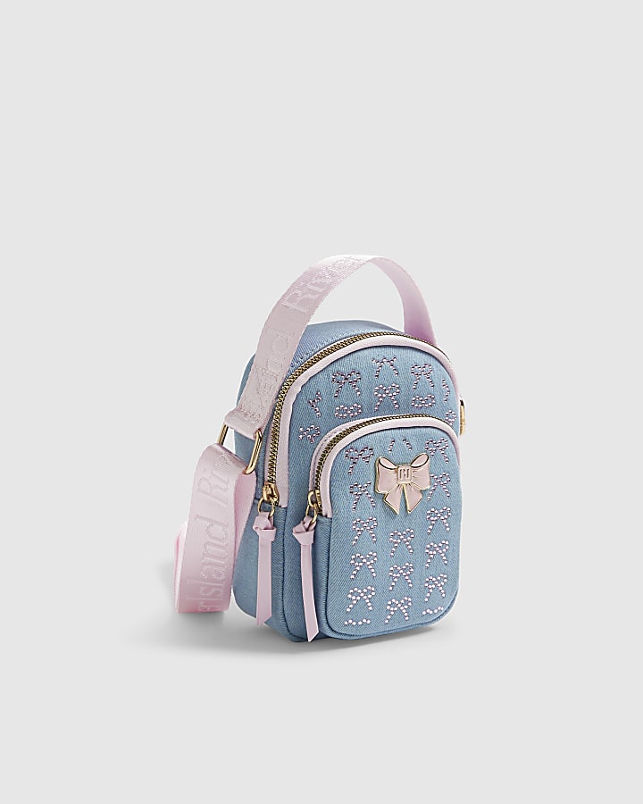 Girls Blue Denim Diamante Bow Cross Body Bag