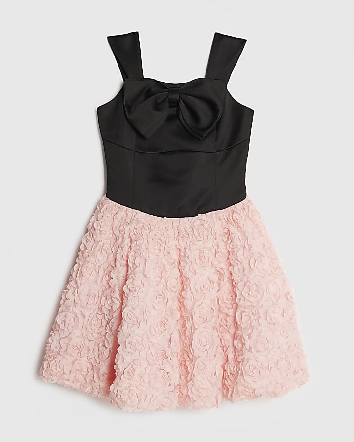 Girls Black Bow Floral Hem Dress