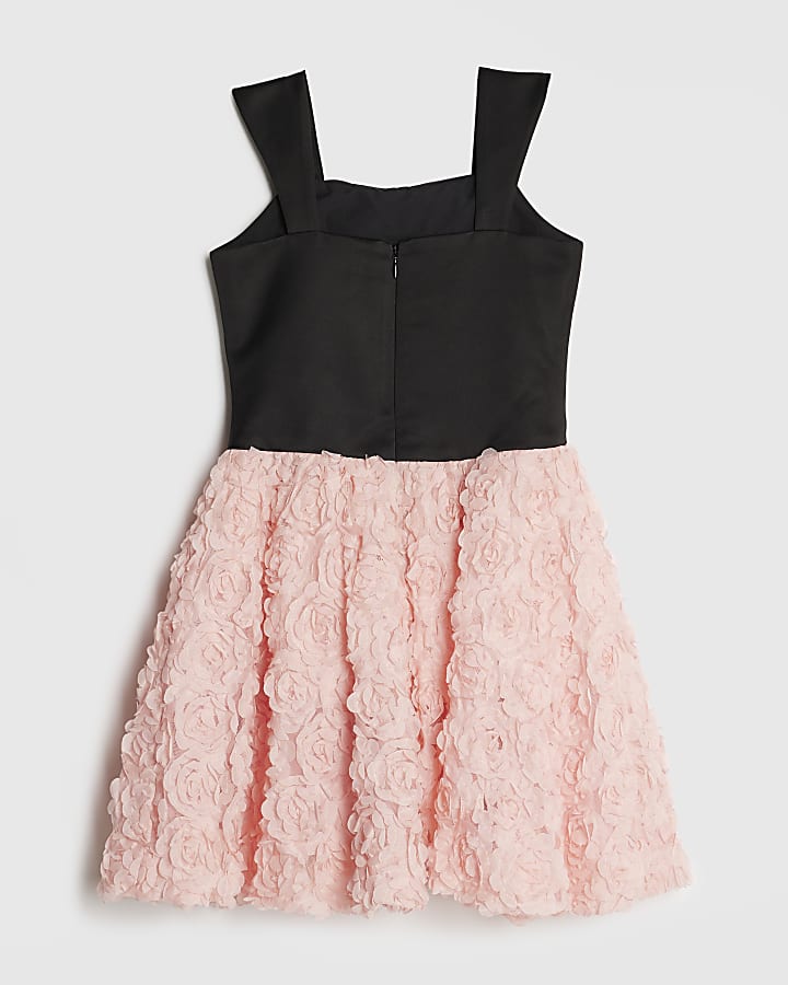 Girls Black Bow Floral Hem Dress