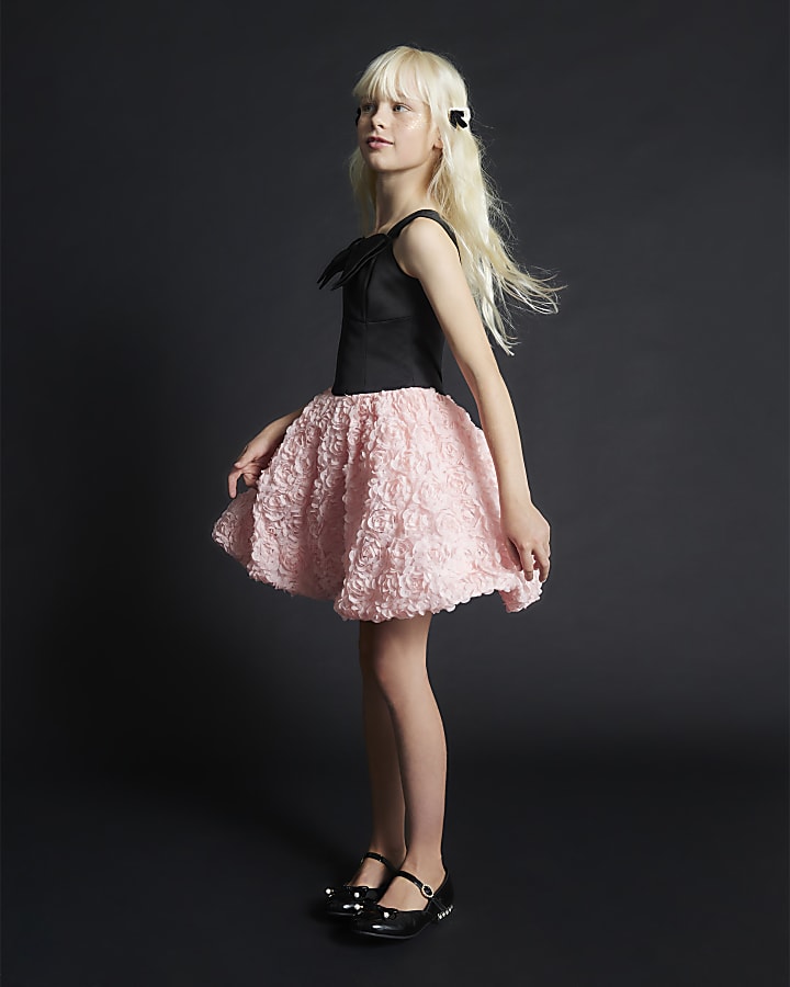 Girls Black Bow Floral Hem Dress