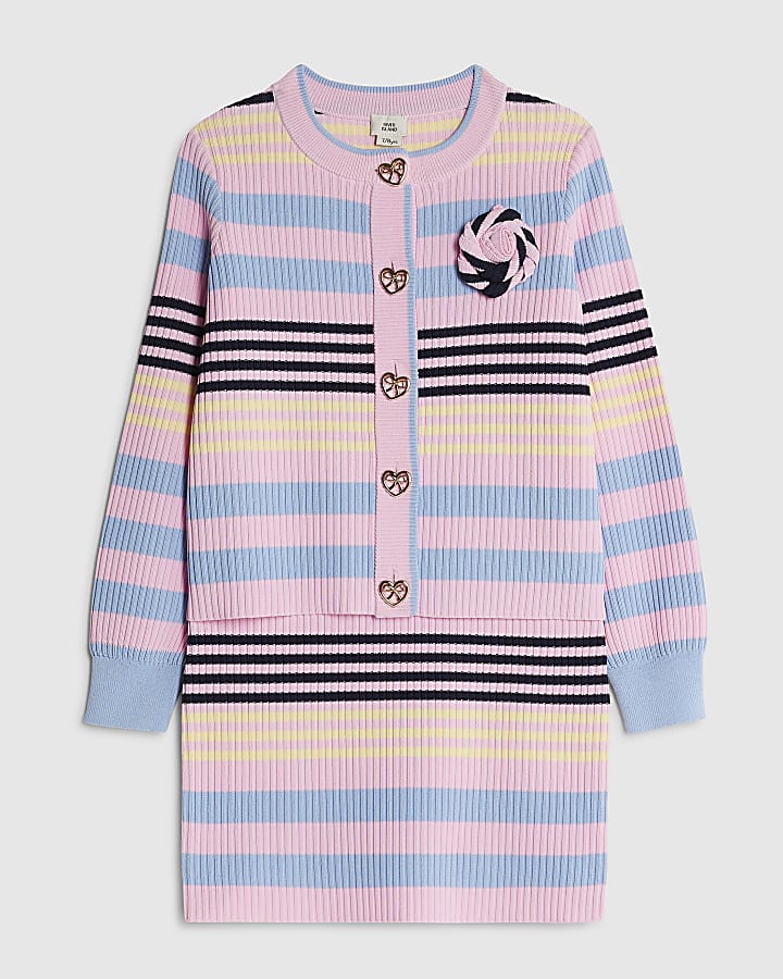 Girls Pink Stripe Cardigan Set