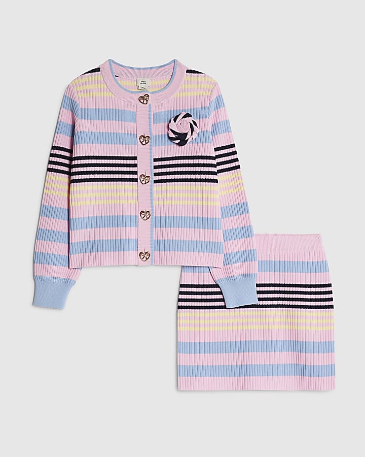 Girls Pink Stripe Cardigan Set