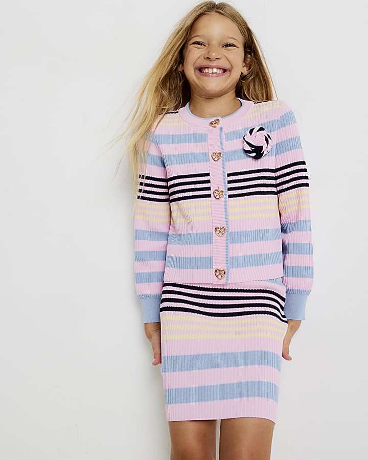 Girls Pink Stripe Cardigan Set
