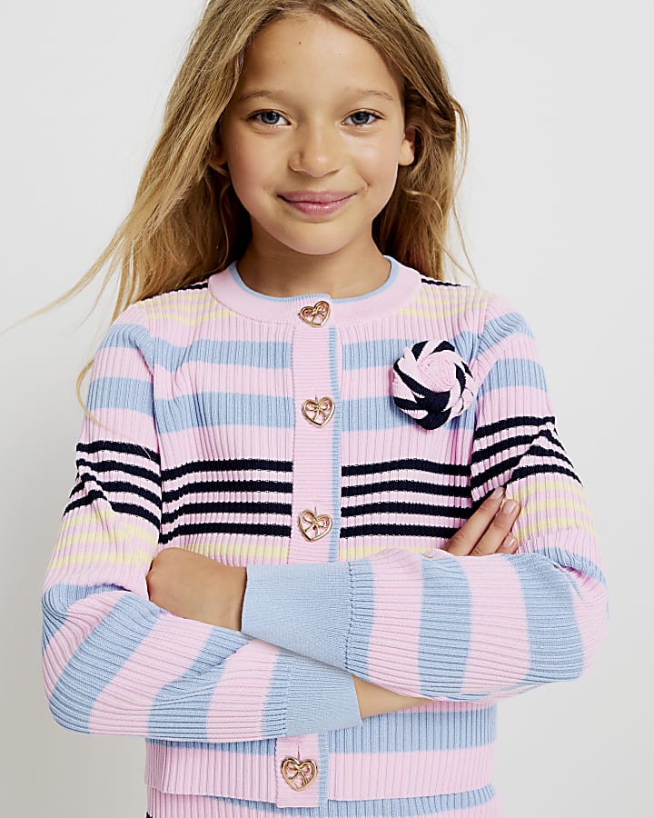 Girls Pink Stripe Cardigan Set