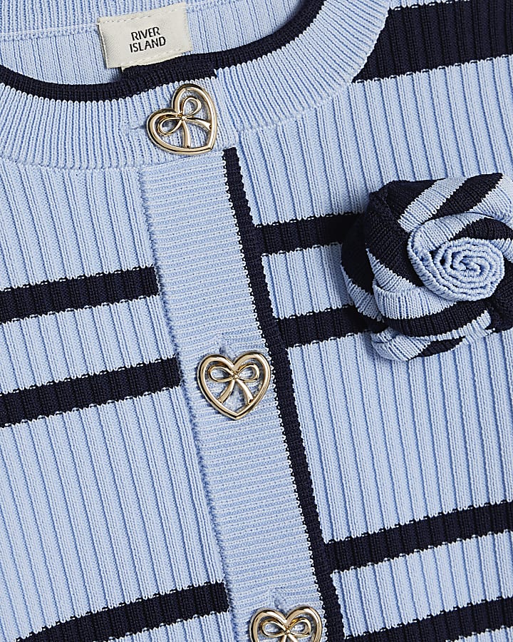 Girls Navy Stripe Cardigan And Skirt Set