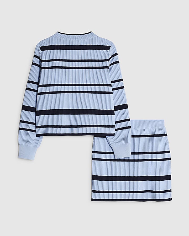 Girls Navy Stripe Cardigan And Skirt Set