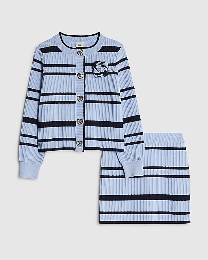 Girls Navy Stripe Cardigan And Skirt Set