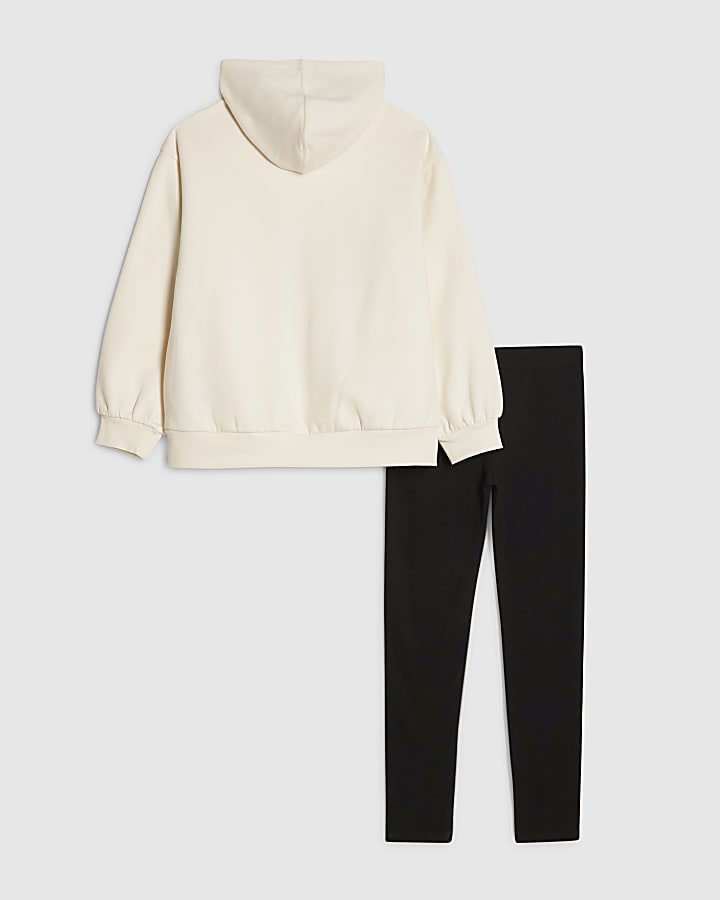 Girls Cream Bow Hoodie And Leggings Set