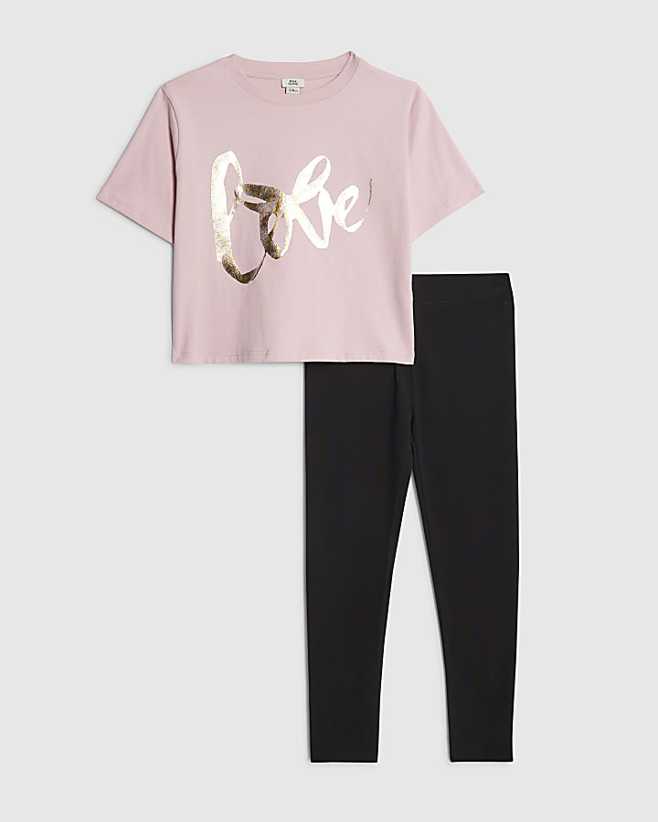 Girls Pink Frill Love T-Shirt and Legging Set