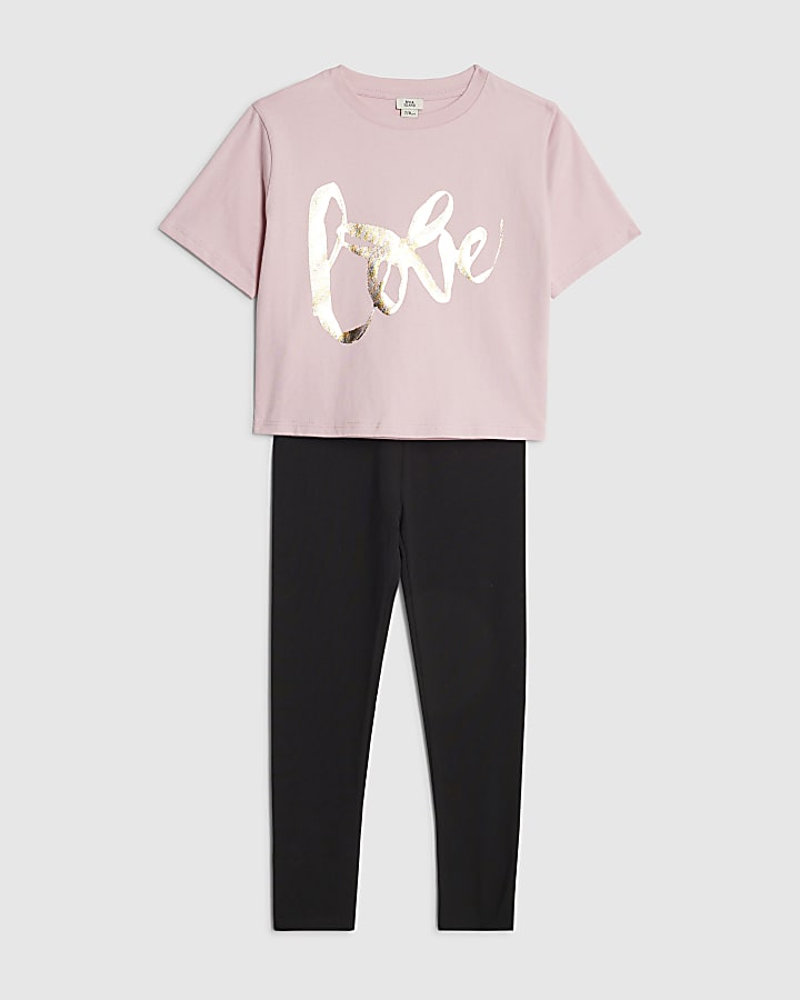 Girls Pink Frill Love T-Shirt and Legging Set