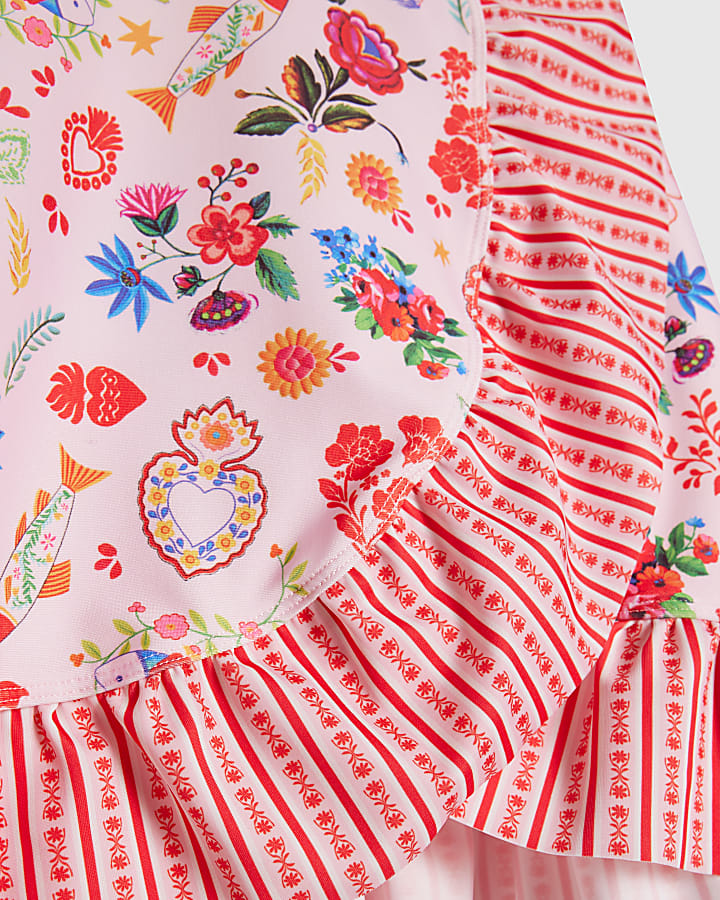 Girls Pink Floral Print Swim Skirt