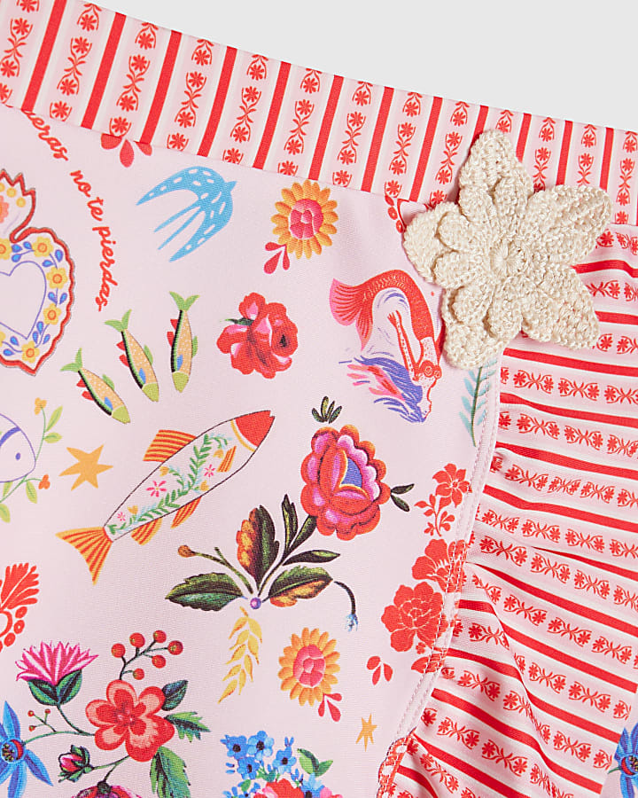 Girls Pink Floral Print Swim Skirt