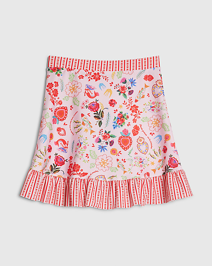 Girls Pink Floral Print Swim Skirt